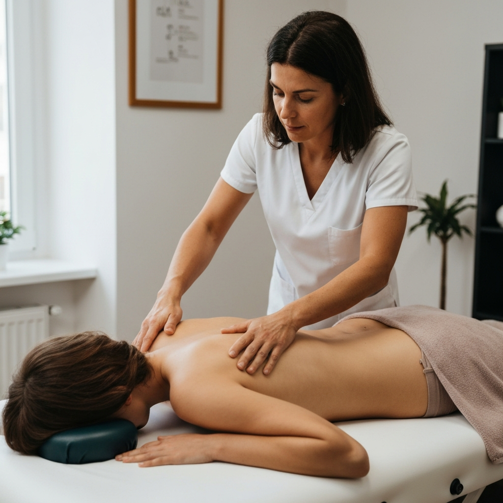 A serene therapy room where a professional osteopath gently places hands on a patient's upper back and neck area, the patient lying face-down on a massage table with closed eyes showing relaxation, soft natural lighting from a window creating a calming atmosphere, focus on the therapeutic hand contact and the patient's peaceful expression, real photographic style capturing the trust and healing process