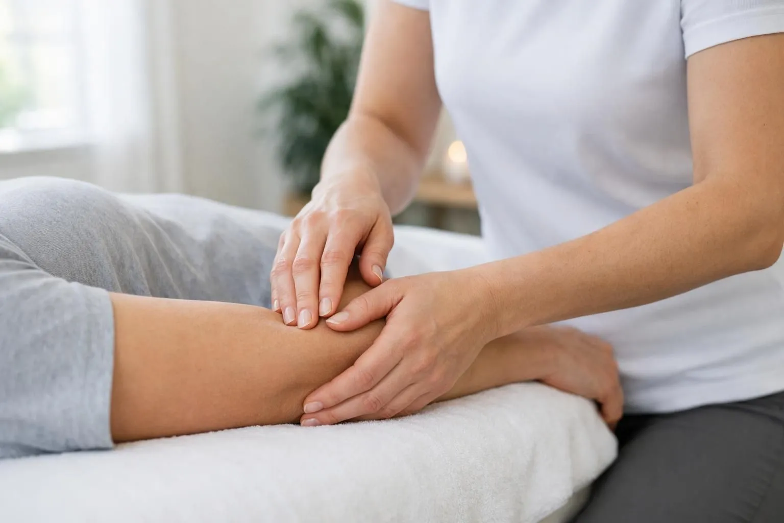Calm therapy room with treatment table and natural light, professional osteopathy setting showing patient lying comfortably on massage table with therapist nearby, serene healing environment with soft natural colors