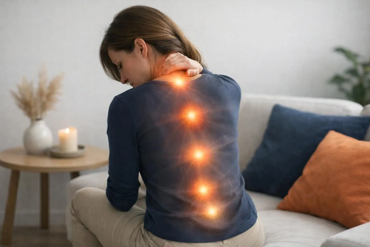 Person sitting with visible tension in shoulders and neck, subtle translucent overlay showing trapped emotional energy points in the body, soft natural lighting conveying physical manifestation of unresolved trauma