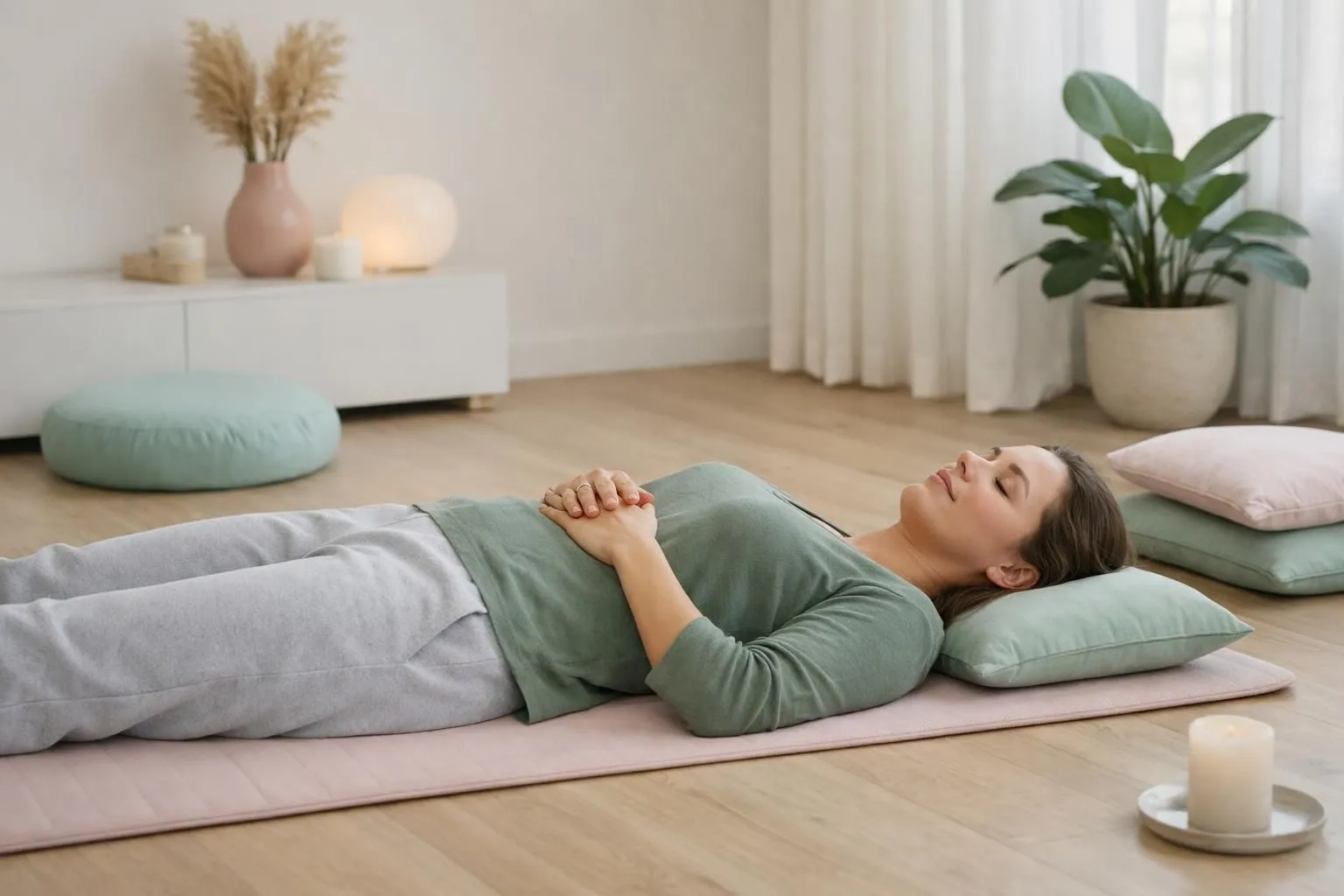 Person lying on comfortable yoga mat in serene room with soft natural light, hands resting on abdomen in relaxed position, eyes gently closed, practicing body awareness meditation for trauma release therapy, peaceful indoor setting