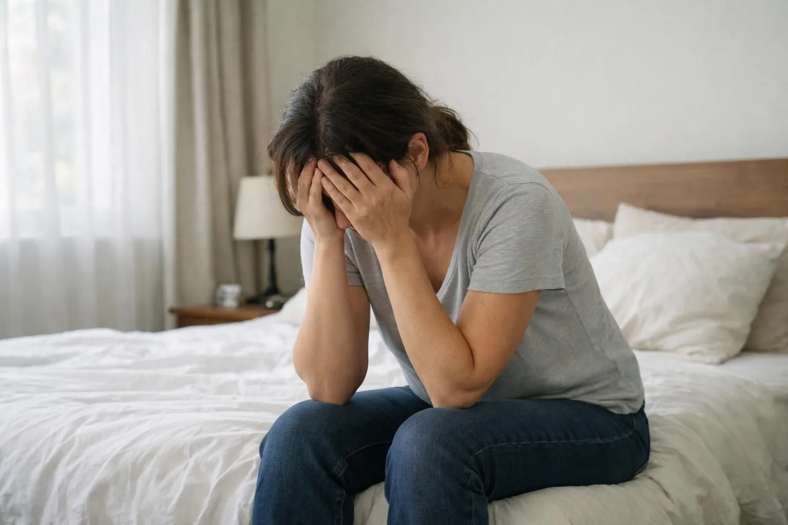Person sitting on edge of bed holding their head with both hands, distressed facial expression showing dizziness, bedroom with soft natural morning light through window, realistic photography style, focus on vulnerability and discomfort