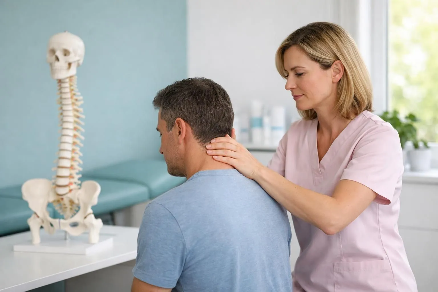 Healthcare professional examining patient's neck and cervical spine in modern osteopathy clinic, anatomical spine model visible on desk, professional medical environment with natural lighting, realistic photography style