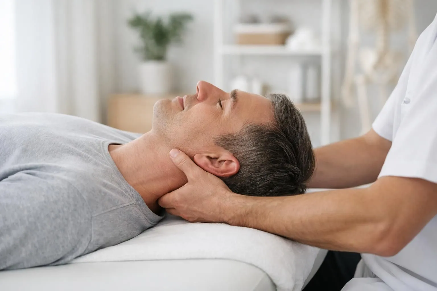 Osteopath performing gentle cervical manipulation on patient lying on treatment table in modern clinic, calm professional setting with natural lighting, practitioner's hands examining neck area