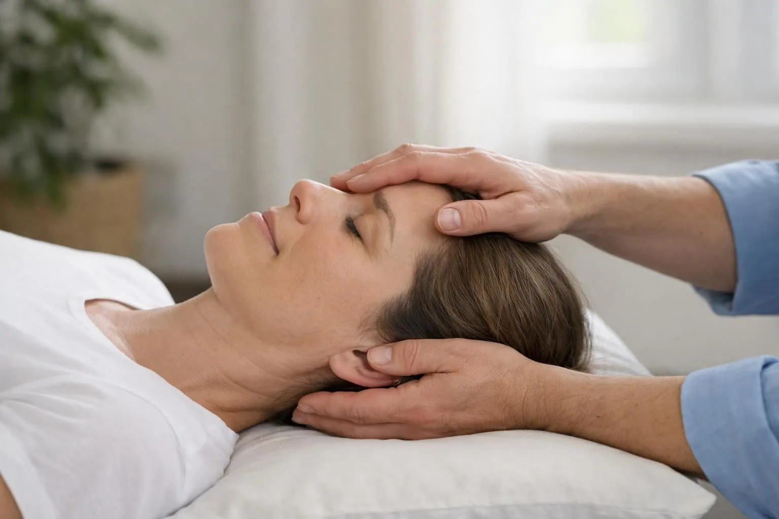 Professional osteopath performing gentle craniosacral therapy on relaxed patient lying on treatment table, therapist's hands placed softly on patient's head, serene healing room with natural daylight, atmosphere of trust and safety, close-up of therapeutic touch, peaceful facial expression