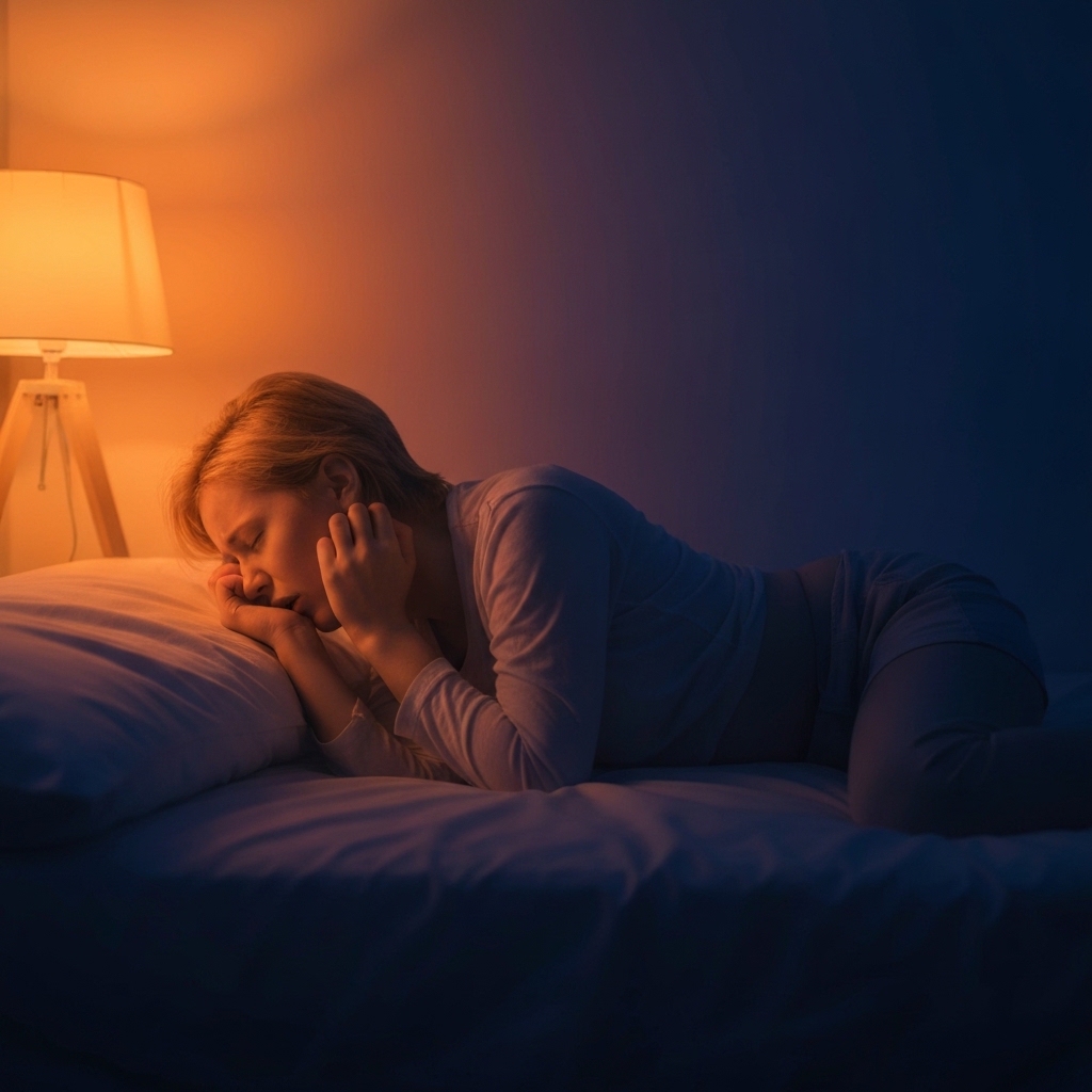 Person sleeping restlessly touching jaw in discomfort, nighttime bedroom setting with natural moonlight