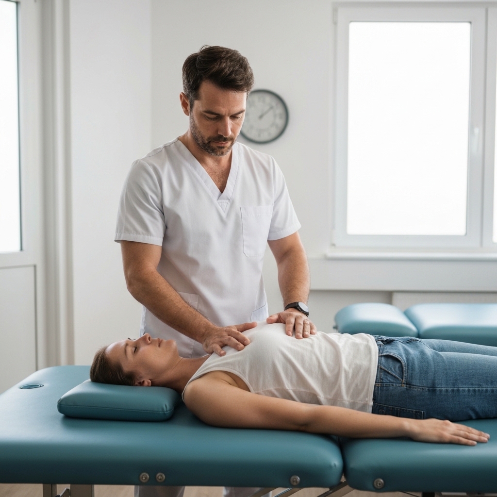 Osteopath performing gentle cranial manipulation on relaxed patient lying on treatment table, soft natural lighting in calm therapeutic room