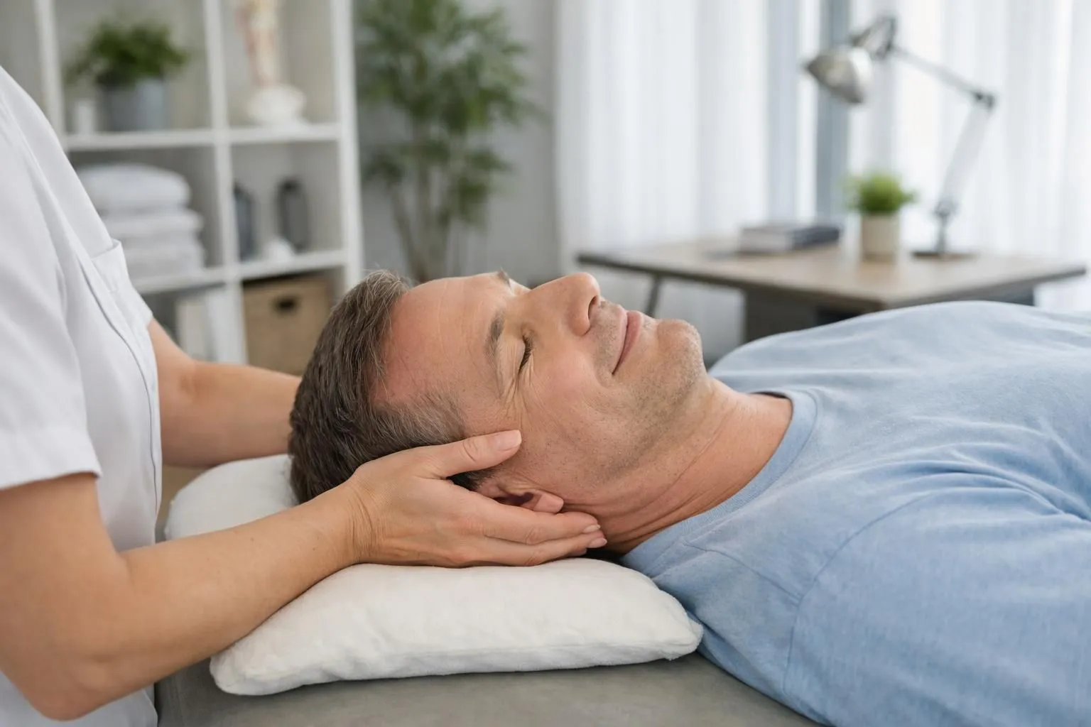 Un ostéopathe dans son cabinet éclairé naturellement, effectuant une palpation délicate sur la zone thoracique d'un patient allongé sur une table de soin, atmosphère professionnelle et apaisante, vue rapprochée sur les mains du praticien et l'expression détendue du patient, environnement médical moderne et chaleureux