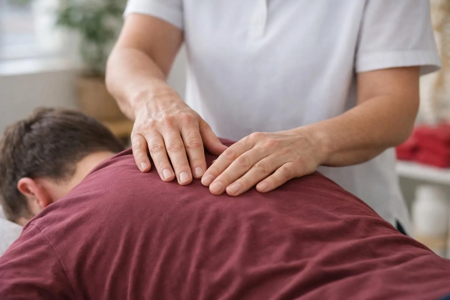 Close-up of a therapist's hands gently placing fingers on a patient's upper back near shoulder blade in a professional osteopathy treatment room, showing somatic bodywork therapy technique for trauma release, natural lighting, real photography style, warm and reassuring atmosphere, focus on therapeutic touch and body connection