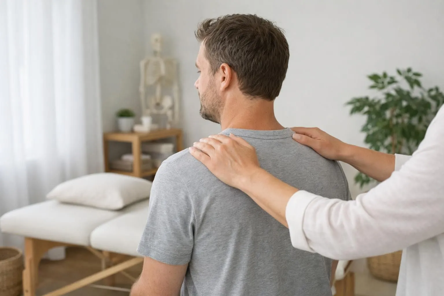 Person sitting in serene osteopathic treatment room with soft natural lighting, therapist's hands gently placed on patient's shoulders showing somatic therapy approach, calming earth tones, peaceful therapeutic environment specifically for highly sensitive individuals, no text or labels