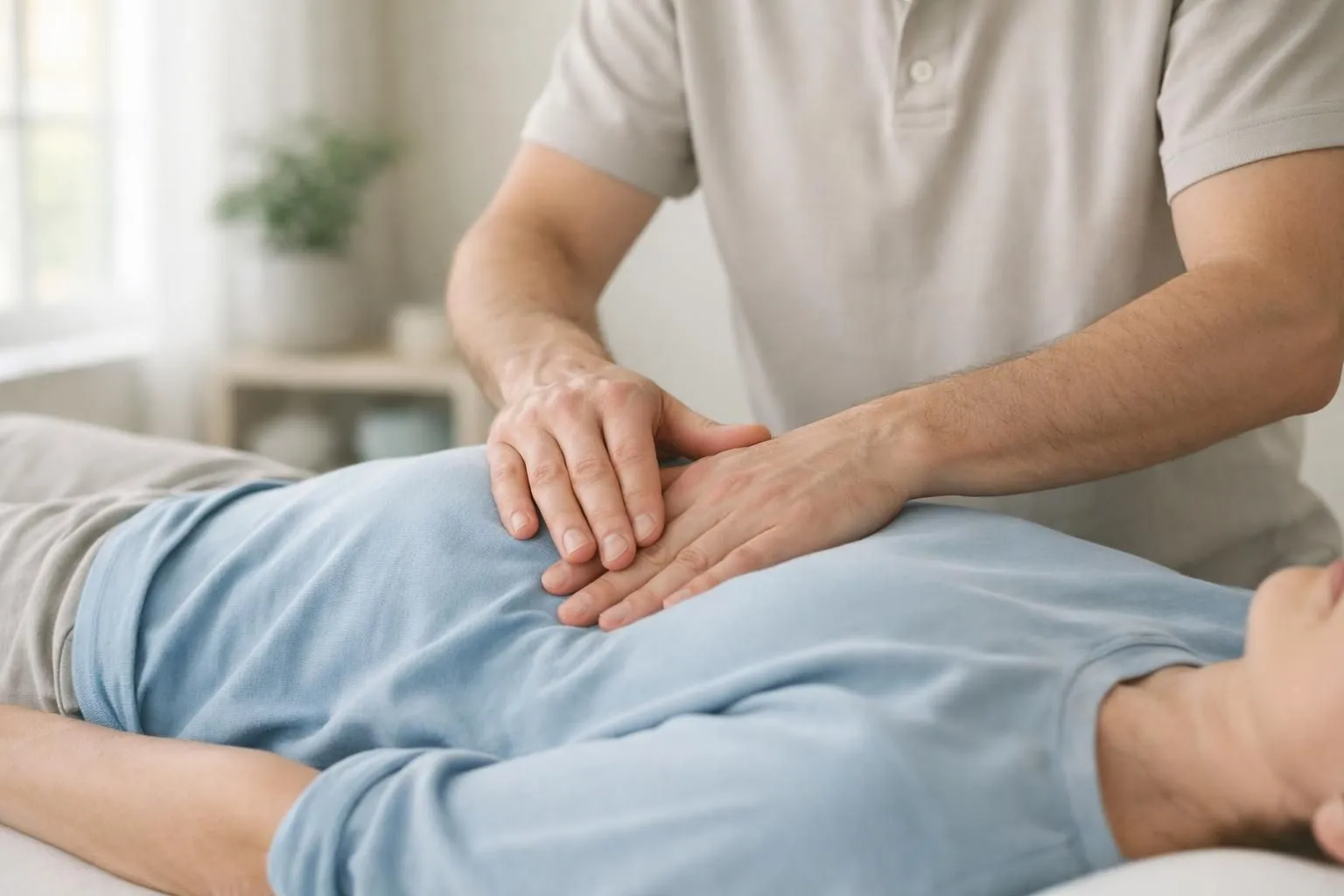 Peaceful osteopathy treatment room in Nantes showing professional therapist performing gentle fascial release technique on patient lying comfortably on treatment table, soft natural lighting creating calm therapeutic atmosphere, focus on mindful therapeutic touch for highly sensitive person, professional healthcare setting