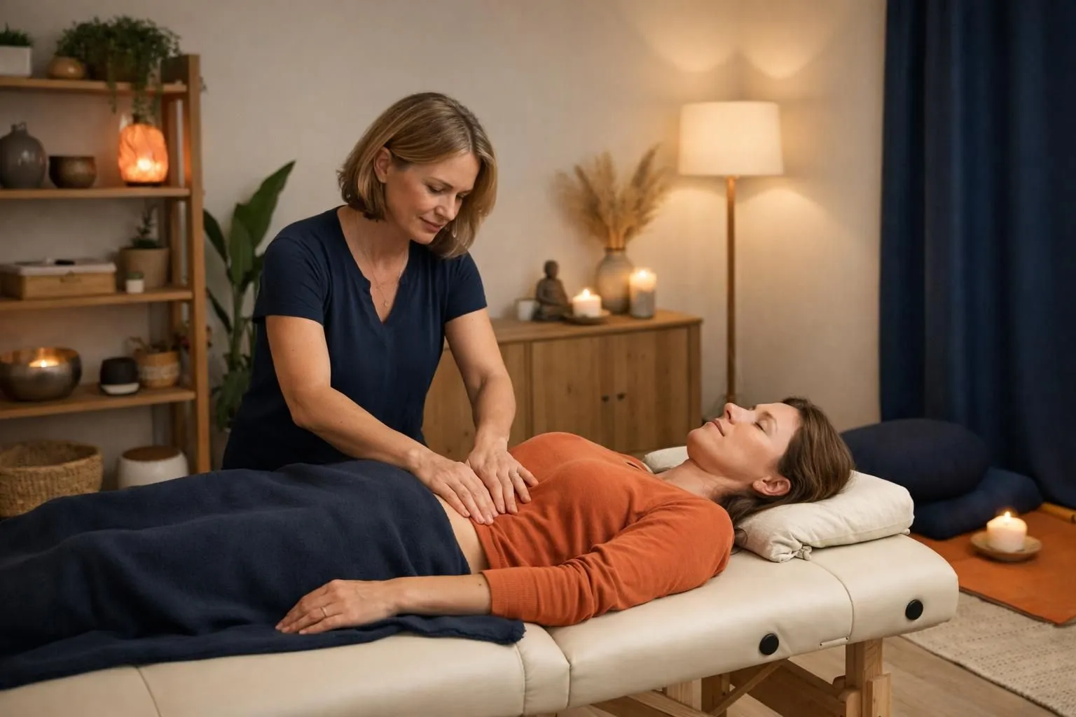 A calm therapy room with a massage table, soft lighting, and natural elements like plants or wood, representing a holistic fascia-bioénergie session environment in France, with a subtle focus on wellness and manual therapy