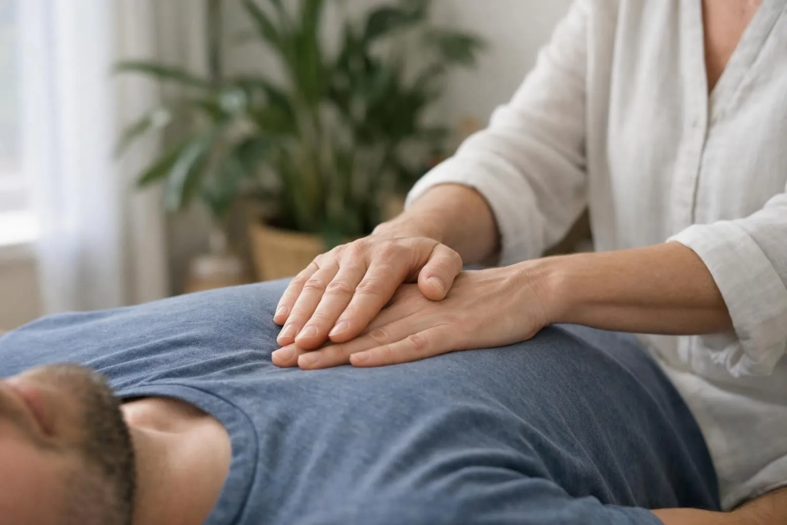 Calm treatment room with a patient lying peacefully on a massage table, therapist's hands gently placed on the patient's torso, soft natural light filtering through a window, plants in the background, conveying deep relaxation and holistic healing for fascia-bioenergy therapy session