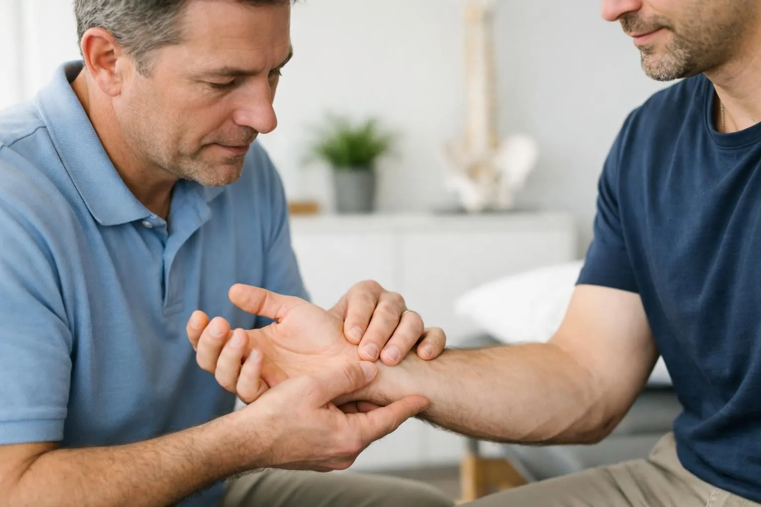 Ostéopathe examinant le poignet d'un patient adulte dans un cabinet lumineux et apaisant, avec des mains expertes palpant la zone douloureuse, ambiance professionnelle et bienveillante, focus sur la relation thérapeutique et le soulagement visible du patient
