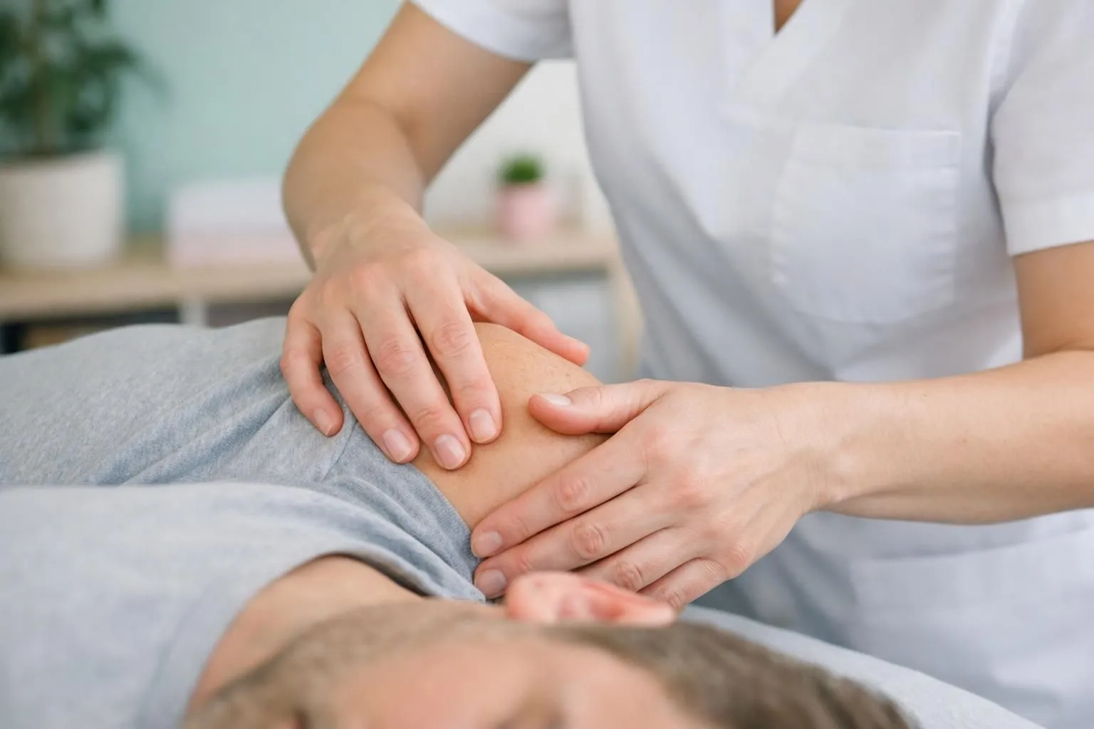Ostéopathe examinant et manipulant l'épaule d'un patient allongé sur table de traitement, mains professionnelles palpant zone tendineuse, éclairage doux naturel, cabinet moderne