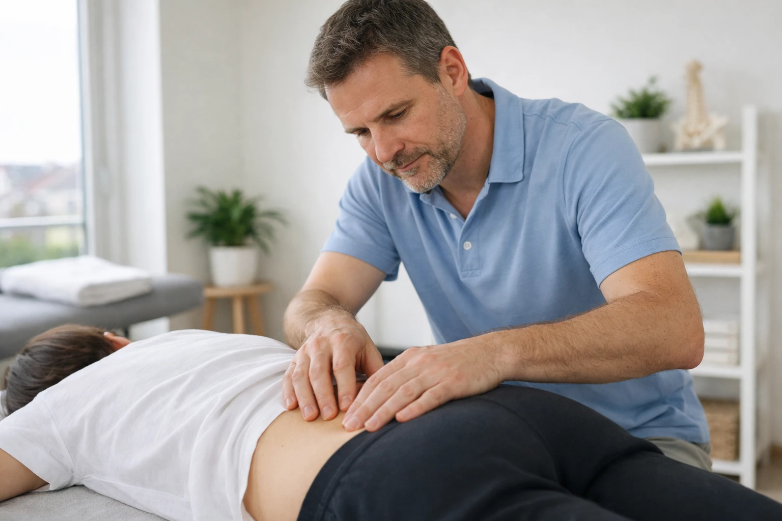 Praticien en ostéopathie travaillant sur le fascia d'un patient allongé dans un cabinet lumineux et épuré à Nantes, mains posées avec précision, ambiance professionnelle et apaisante, sans aucun texte visible