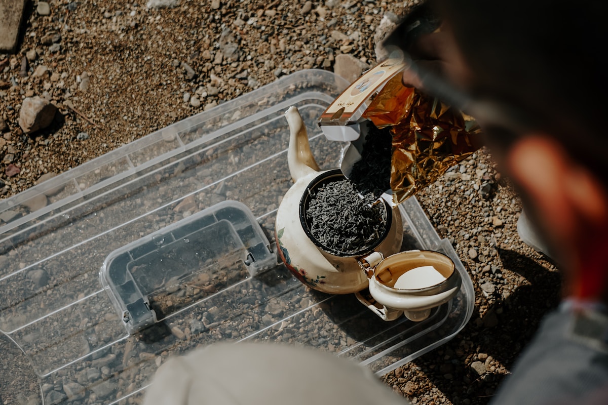 Person pouring dark soil into a small pot.