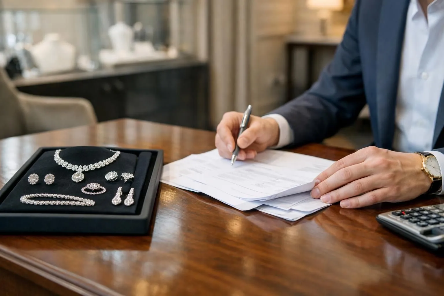Professional jewelry consultant in elegant suit reviewing financial documents across polished wooden desk with female client, luxury diamond jewelry displayed on velvet tray nearby, modern Parisian boutique interior with soft lighting and refined decor