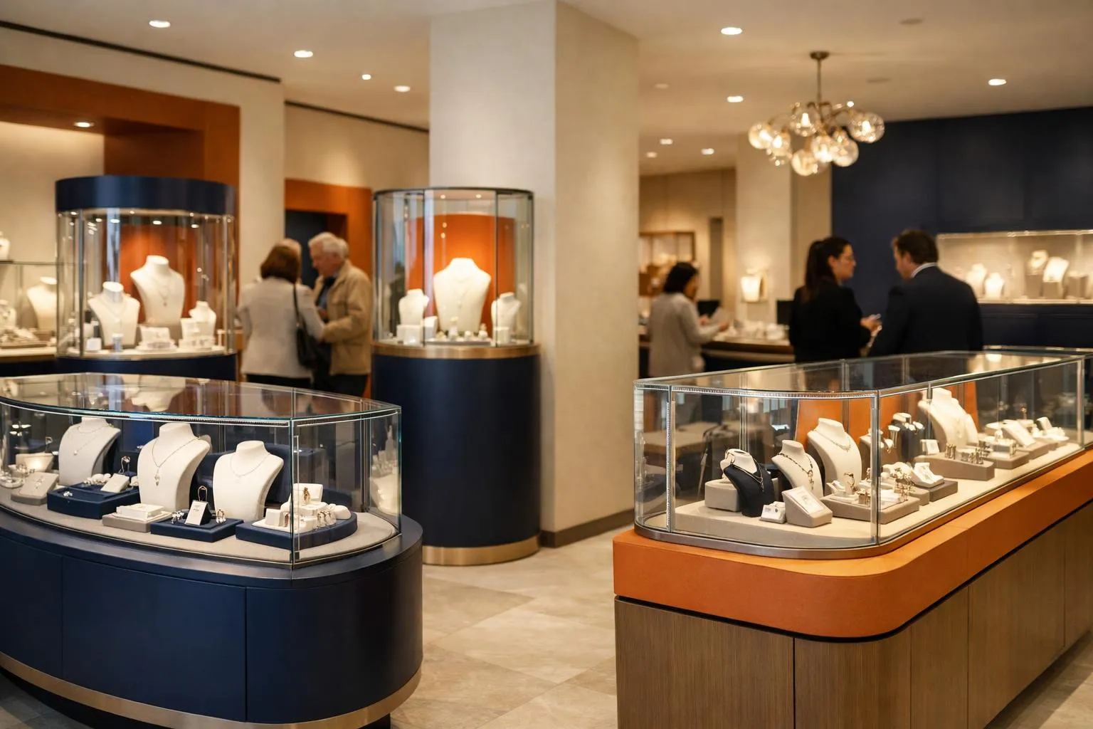 Intérieur élégant d'un magasin de bijoux avec vitrines d'exposition.