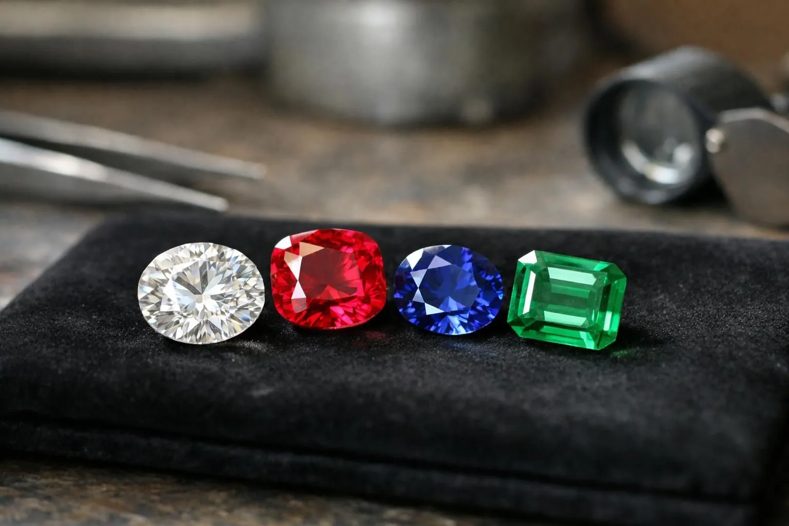 Close-up macro photograph of four classic precious gemstones (diamond, ruby, sapphire, emerald) arranged on black velvet in a Parisian luxury jewelry workshop, natural window light creating subtle reflections, each stone representing different symbolic meanings, refined aesthetic composition