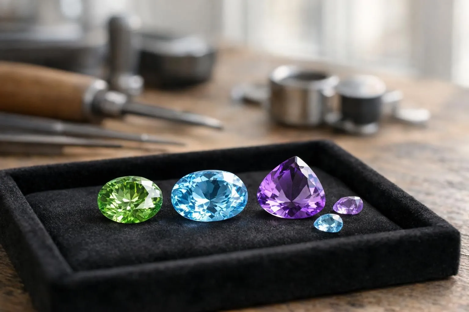 Collection de pierres précieuses colorées disposées sur un plateau de joaillier en velours noir dans un atelier parisien lumineux, montrant un diamant vert taillé émeraude, une topaze bleue ovale, une améthyste violette coussin et une aigue-marine rectangulaire, avec des outils de sertissage professionnels en arrière-plan flou, lumière naturelle douce mettant en valeur les reflets et transparences des gemmes