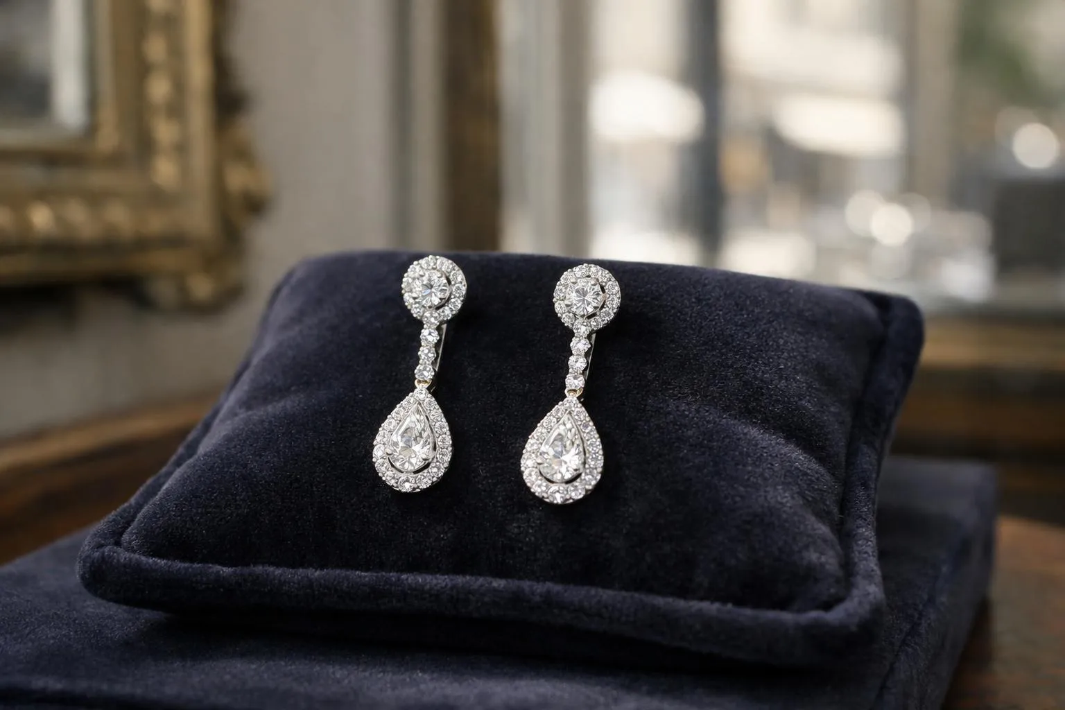 Boucles d'oreilles en diamants sur un écrin de velours bleu.