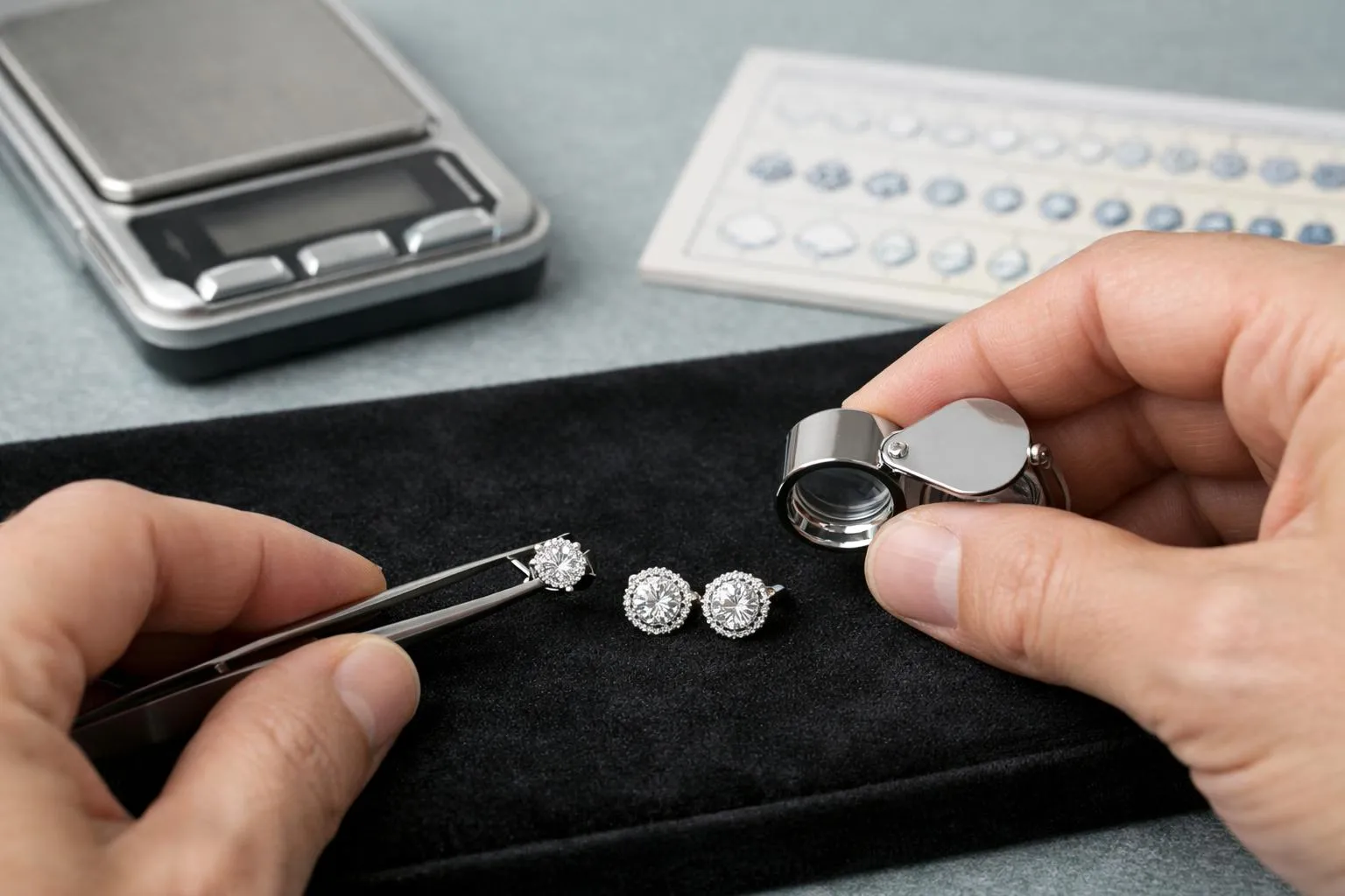 Bijoux de diamants, balance de précision, loupe d'inspection.