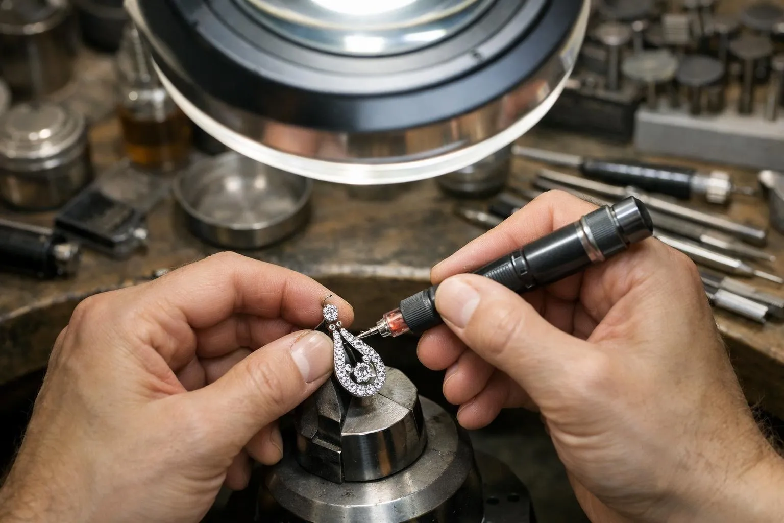 Bijou de luxe en diamants étant réparé par un joaillier.