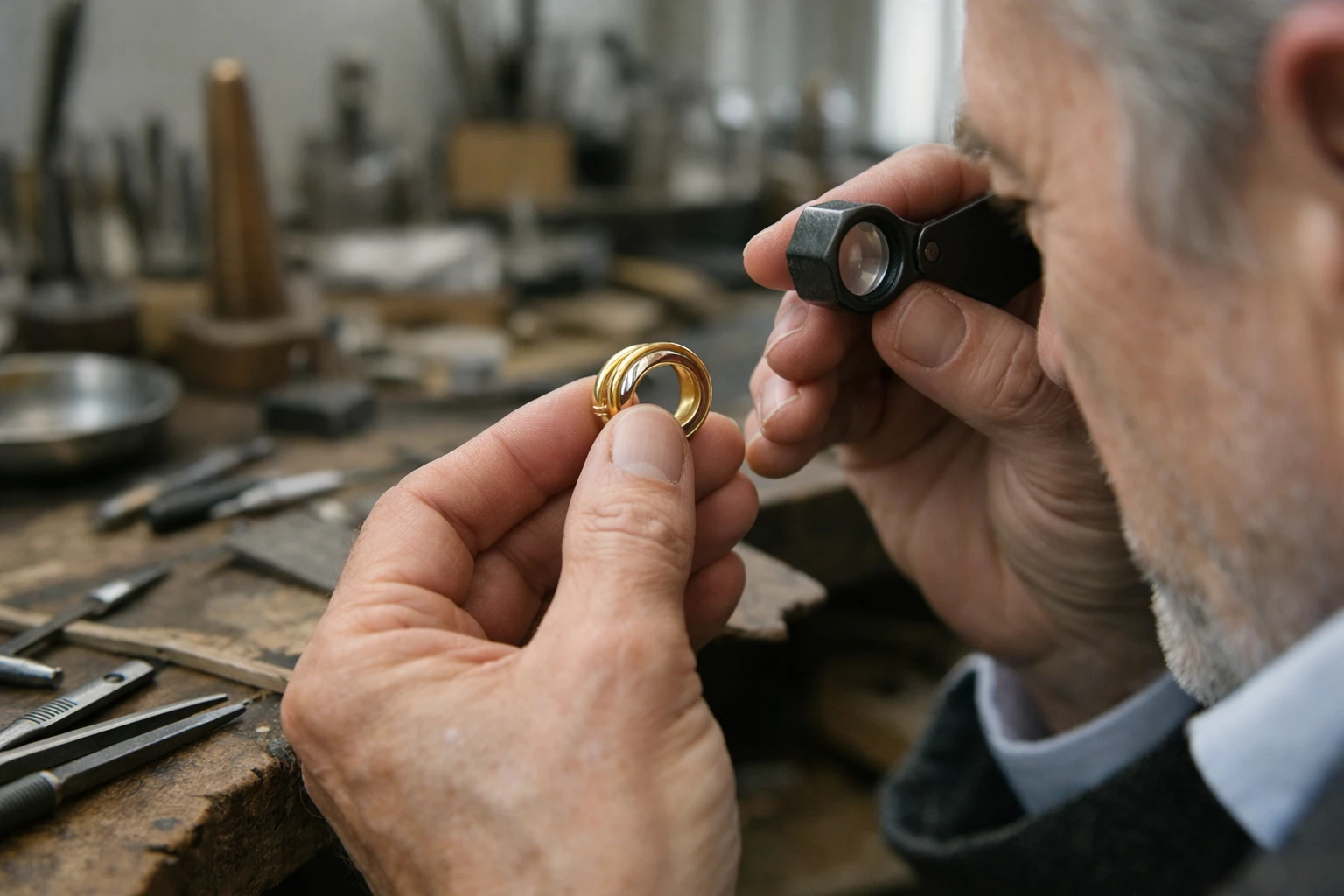 Master jeweler's hands delicately inspecting vintage Cartier ring with magnifying loupe in refined Parisian atelier, professional tools and soft natural light creating intimate workshop atmosphere