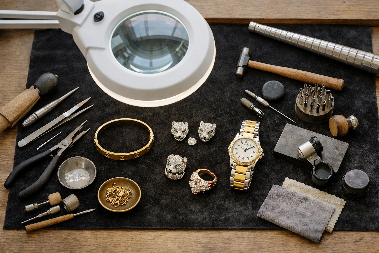 Close-up of skilled jeweler's hands delicately restoring a luxury Cartier bracelet with precision tools under magnifying lamp in elegant Parisian workshop with soft natural lighting and velvet display surfaces