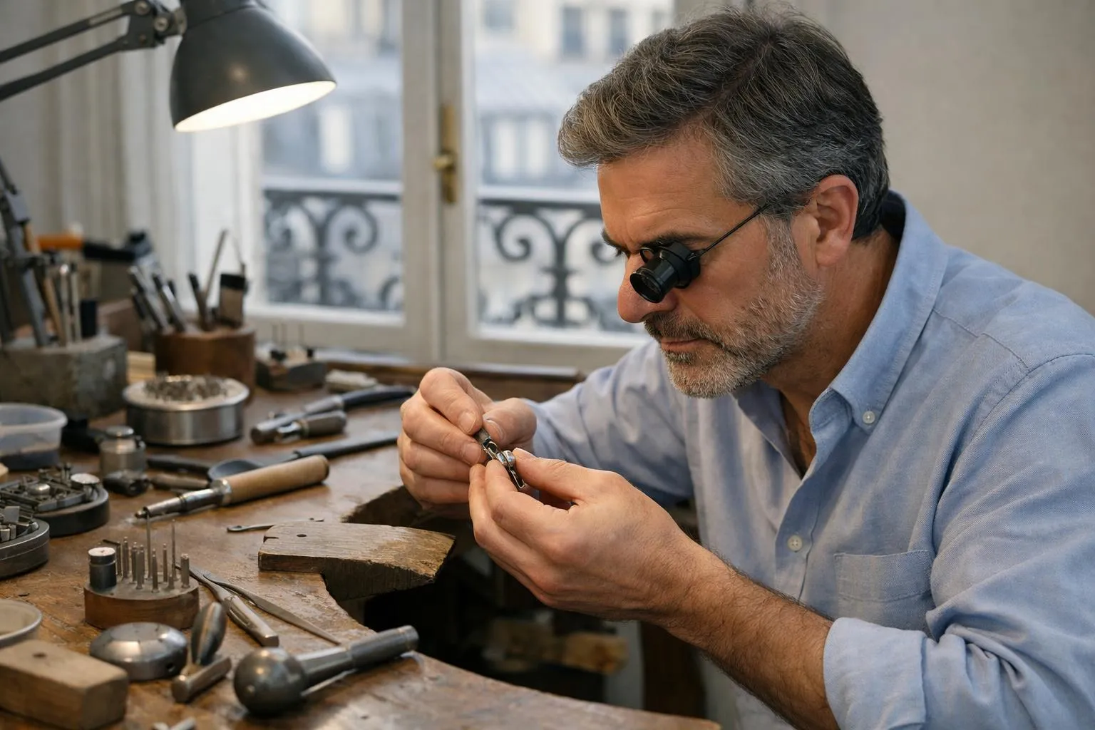 Joaillier concentré travaillant sur une bague sur-mesure dans un atelier lumineux parisien, outils traditionnels disposés sur l'établi, mains expertes manipulant un bijou délicat sous une lumière naturelle, ambiance raffinée et intemporelle