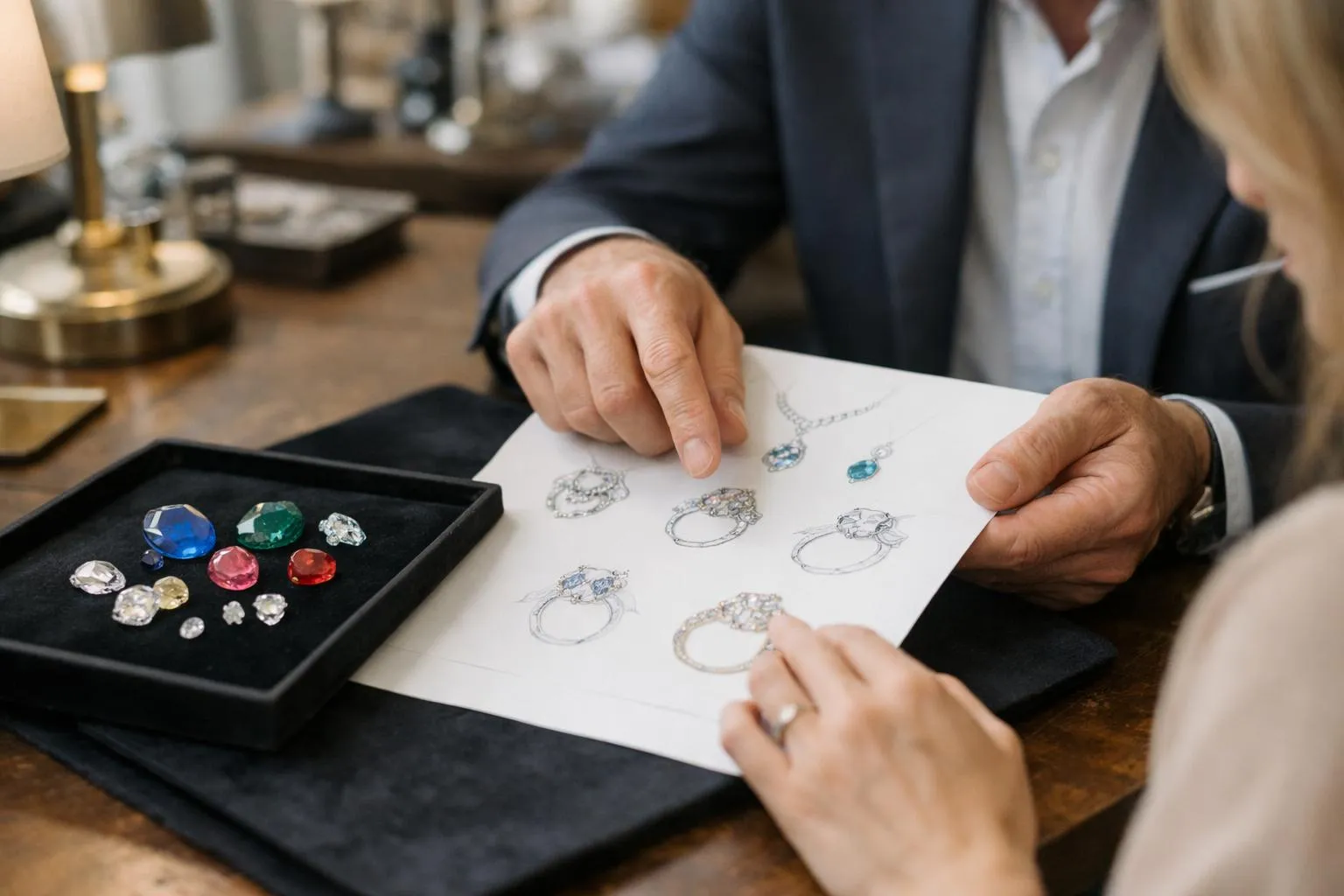 Consultation élégante dans un atelier de joaillerie parisien, joaillier présentant des croquis de bijoux à une cliente, pierres précieuses disposées sur un plateau de velours noir, lumière naturelle douce, ambiance intimiste et raffinée, style intemporel