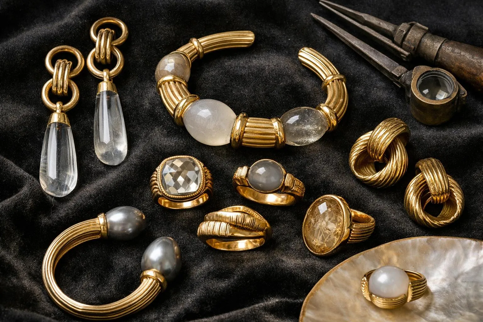 Collection raffinée de bijoux VANGELDER exposée dans un écrin de velours sombre, avec alliances, bagues de fiançailles et boucles d'oreilles disposées élégamment sous un éclairage doux mettant en valeur les reflets du métal précieux et des pierres, dans l'atmosphère intimiste d'un atelier parisien