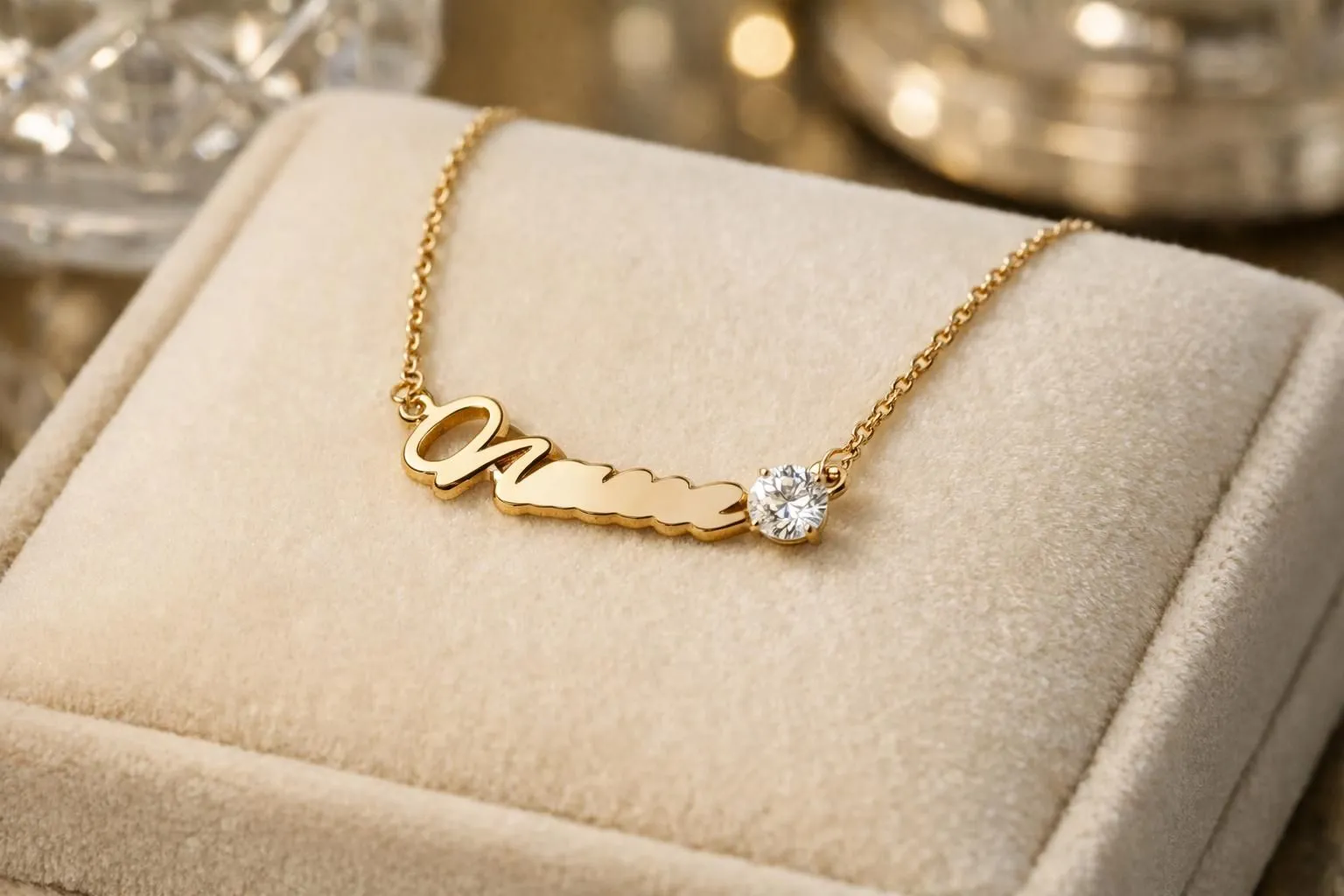 Close-up of an elegant gold pendant with a personalized name engraved and adorned with a brilliant-cut diamond, resting on soft cream velvet in a luxurious Parisian jewelry boutique, with warm ambient lighting highlighting the craftsmanship and sparkle of the diamond