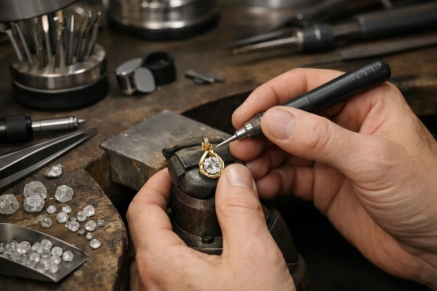 Close-up view of experienced jeweler hands delicately crafting personalized gold name pendant with diamond setting on professional workbench, surrounded by precision tools, magnifying loupe, and loose diamonds in luxury Parisian workshop under focused lighting
