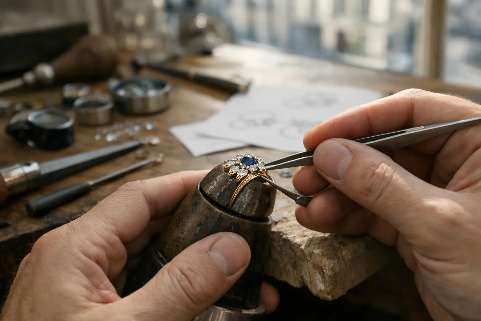Réparation d'un anneau de bijoux avec saphir et diamants.