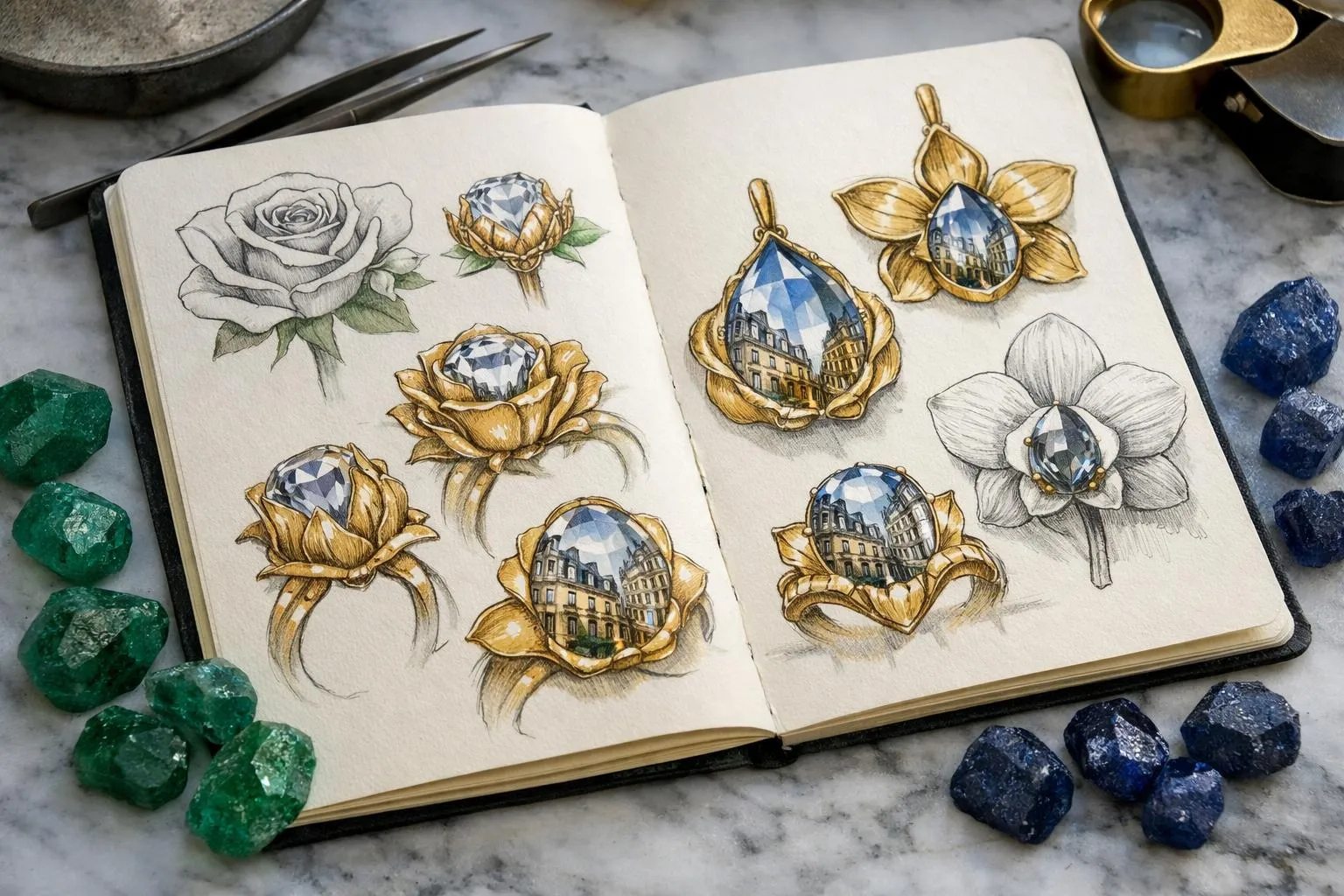 Croquis de bijoux floraux avec des pierres précieuses et des bâtiments parisiens.
