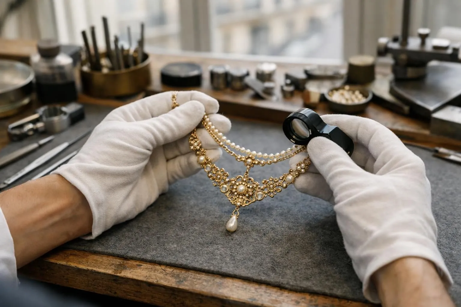 Atelier de joaillerie parisien avec établi professionnel recouvert de feutrine, loupe binoculaire éclairée, outils de précision disposés méticuleusement, mains gantées d'un artisan examinant un collier ancien en or et perles, lumière naturelle douce créant une atmosphère de concentration et d'expertise