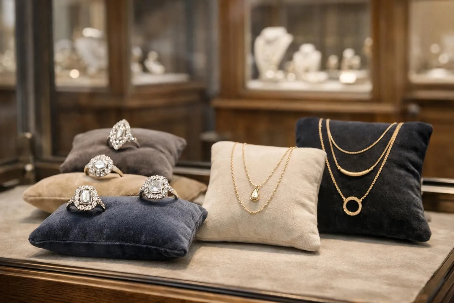 Luxury jewelry pieces displayed on velvet cushions in a refined Parisian boutique showcase, featuring vintage diamond rings and modern gold necklaces under warm professional lighting, with elegant wooden display cases in soft focus background