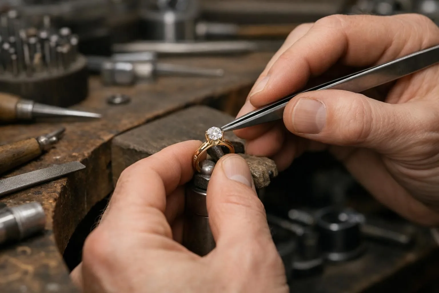 French master jeweler's hands meticulously setting a brilliant-cut diamond into an elegant gold ring mount under focused workshop lighting, surrounded by traditional jeweler's tools and precision instruments on a workbench in a prestigious Parisian atelier