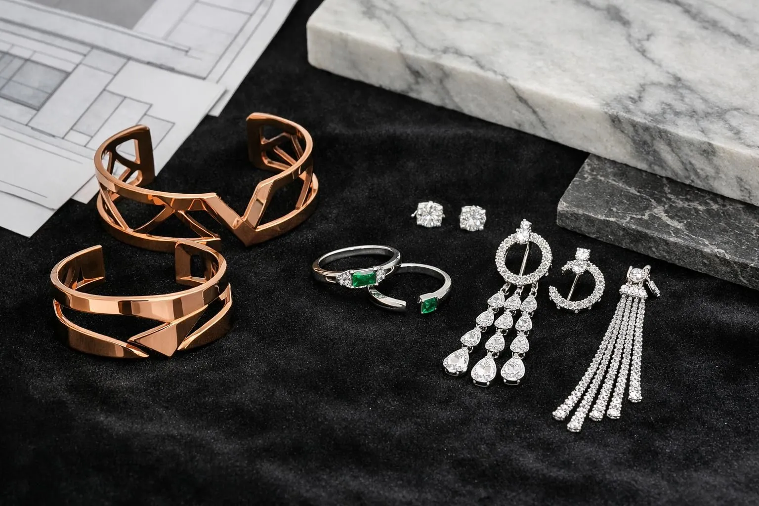 Close-up of modern luxury jewelry pieces featuring rose gold geometric bangles, minimalist white gold rings with emerald accents, and transformable diamond earrings displayed on black velvet, surrounded by contemporary architectural blueprints and marble textures, emphasizing the fusion of Parisian design aesthetics and fine craftsmanship