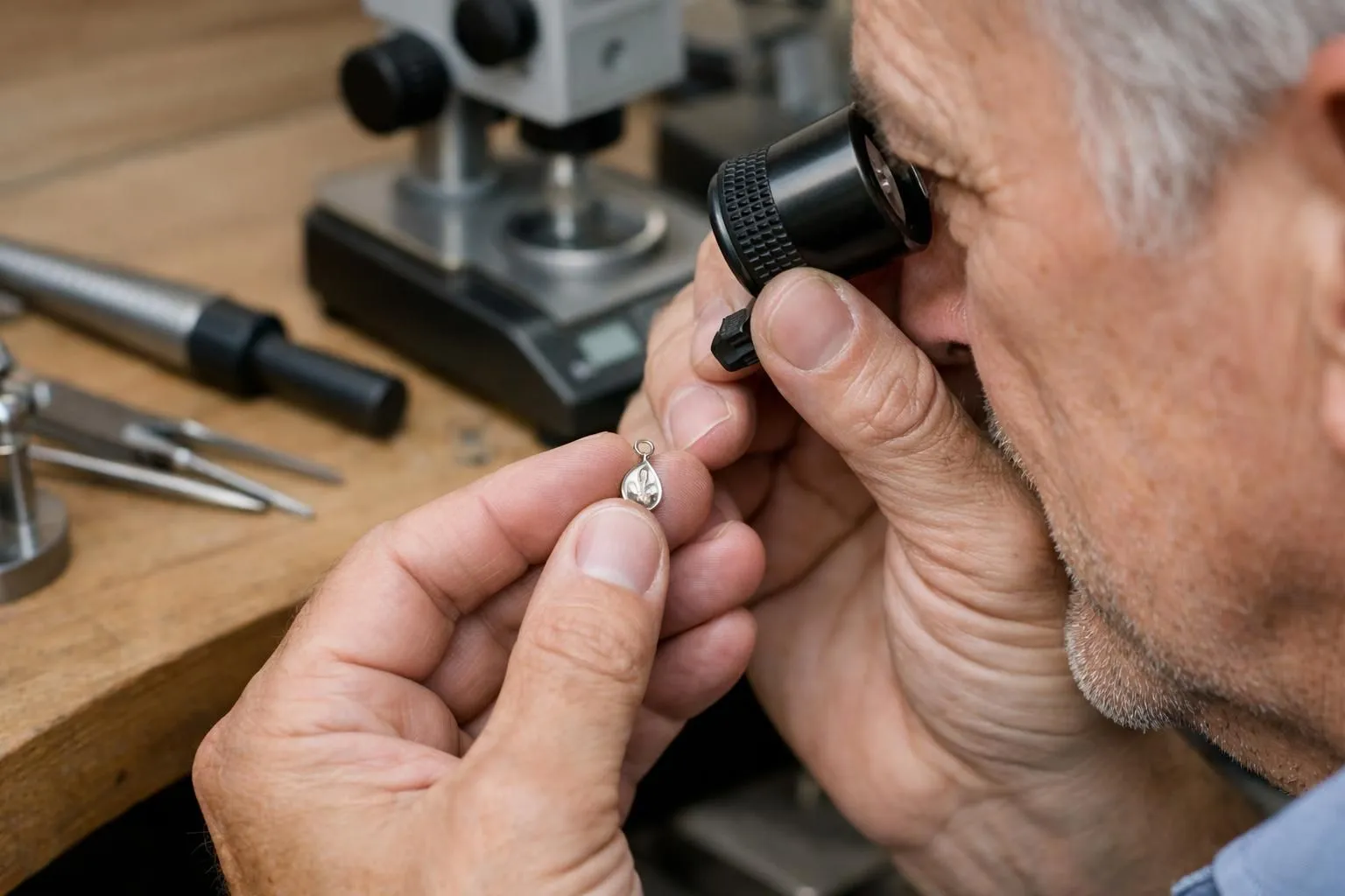 Close-up of jeweler's experienced hands using professional loupe to examine white gold pendant hallmark on wooden workbench, with precision tools and quality control equipment visible in luxury jewelry atelier