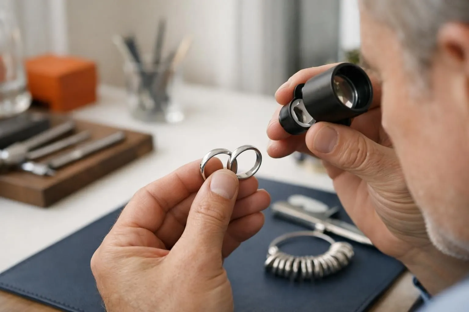 Close-up of expert jeweler's hands comparing two wedding bands made of different white precious metals under magnifying loupe in elegant Parisian jewelry atelier workshop with professional tools and natural lighting