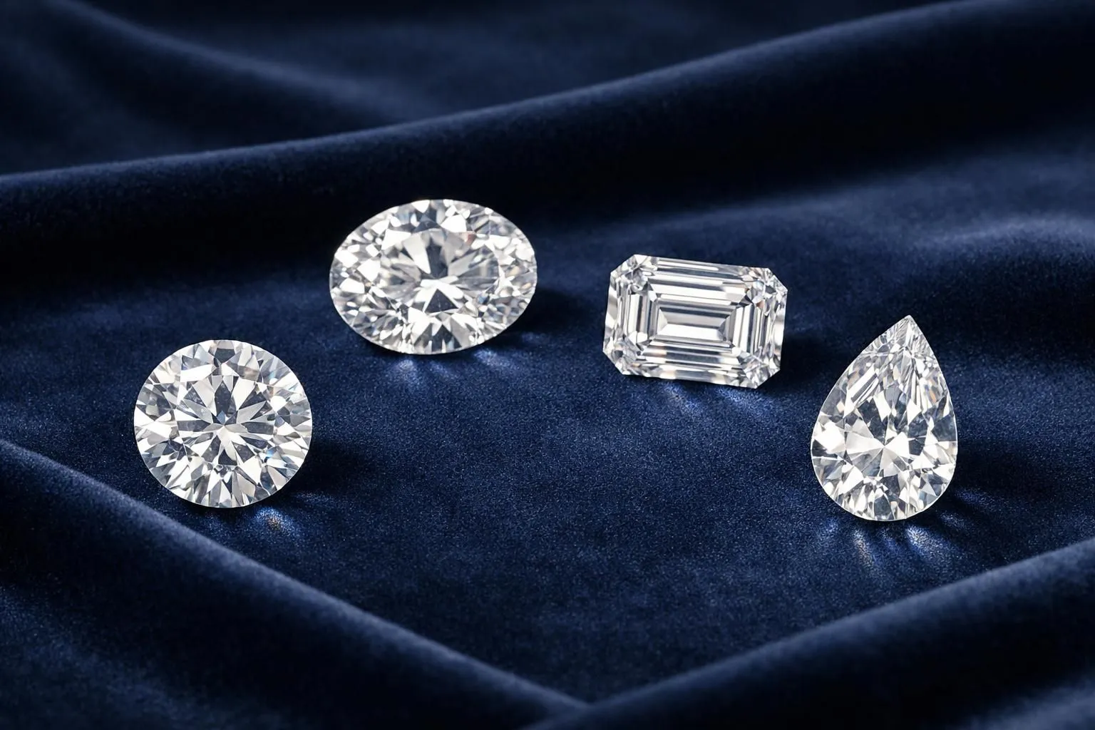 Luxury jewelry scene featuring multiple diamond shapes (round brilliant, oval, emerald, pear cuts) arranged on deep navy velvet with soft lighting highlighting their unique facets and brilliance, no text