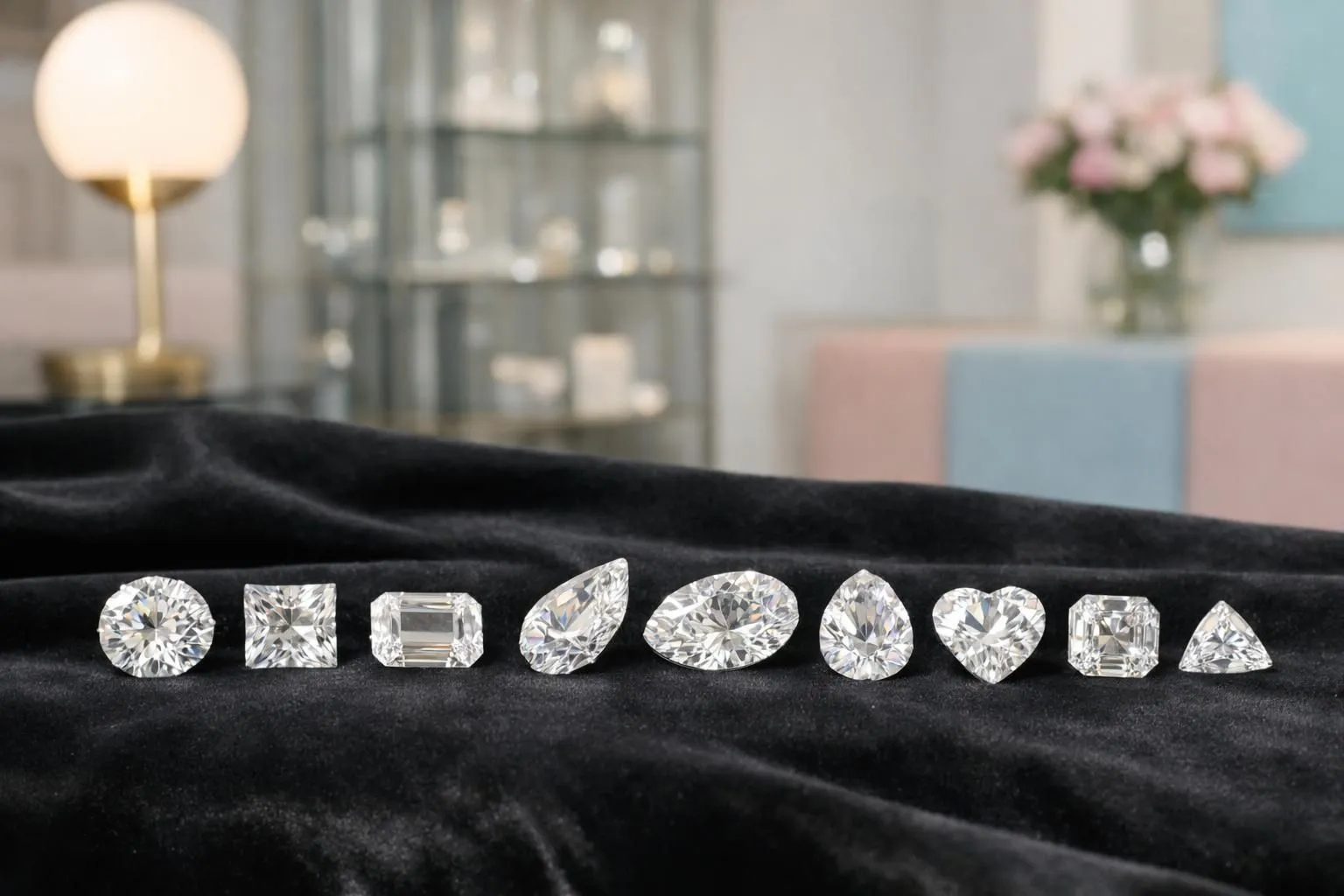 Elegant jewelry display showing ten different diamond cut shapes arranged on black velvet in luxury boutique lighting, each diamond reflecting brilliant light from professional spotlights in a high-end Parisian showroom setting