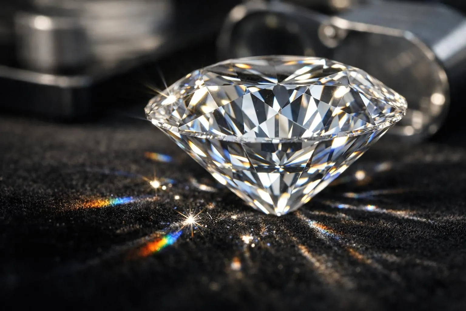 Close-up of light rays refracting through different diamond cut facets showing sparkle and fire patterns on black velvet surface in professional gemological setting with prism effects