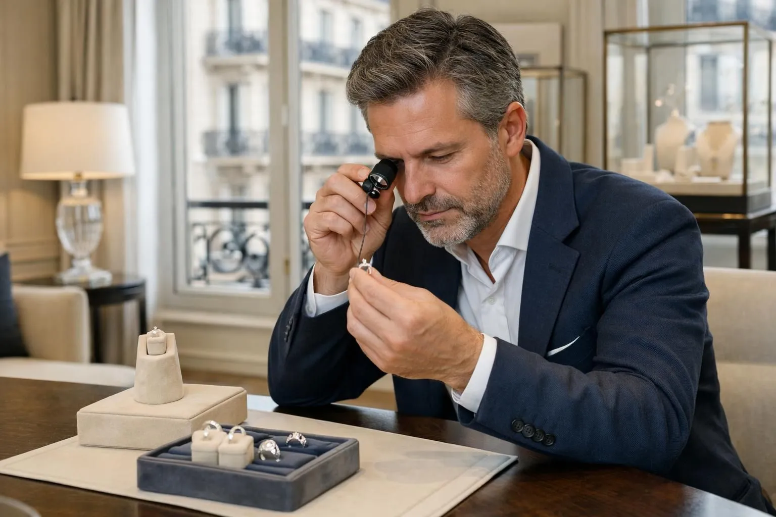 Elegant jewelry atelier interior in Paris 8th arrondissement, master jeweler examining custom engagement ring under magnifying lamp, luxurious workshop with velvet ring displays and natural daylight through Haussmann windows, intimate consultation setting