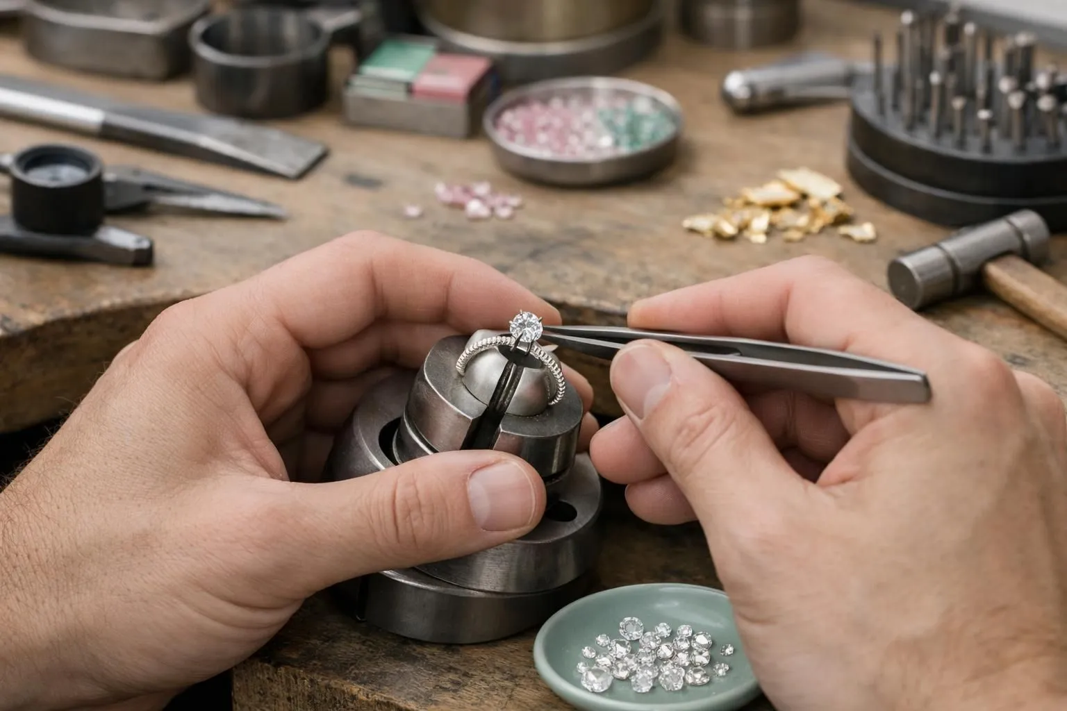 Professional jeweler's hands carefully setting a diamond into a custom gold engagement ring on a specialized workbench, surrounded by precision tools, loose gemstones, and gold materials in a Parisian atelier setting