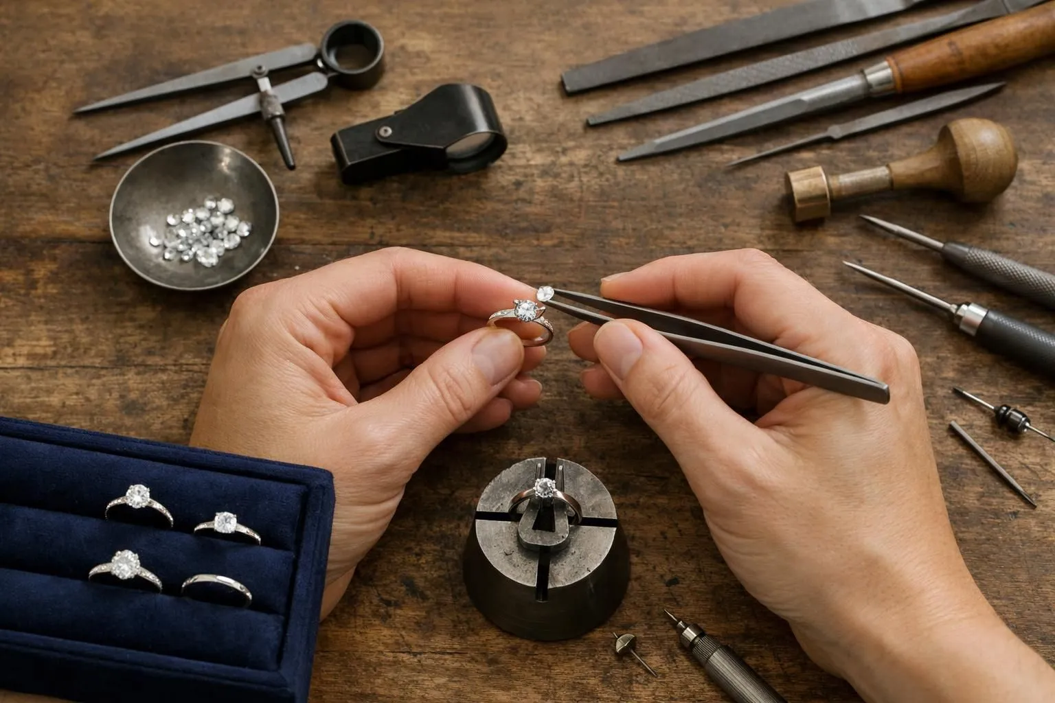 Close-up of artisan jeweler's hands carefully placing a diamond onto a custom platinum engagement ring setting in Parisian workshop, with precision tools and elegant velvet display case visible in background, soft natural lighting highlighting craftsmanship and heritage quality of luxury piece
