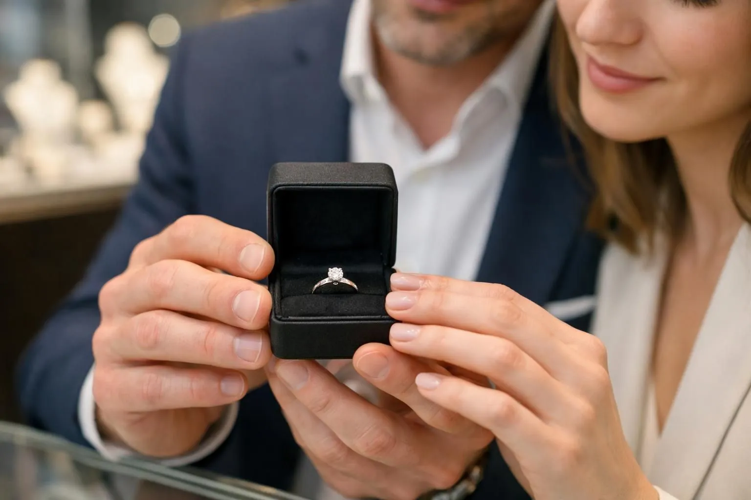 Elegant couple examining luxury engagement ring in upscale Parisian jewelry boutique, soft lighting, sophisticated atmosphere, close-up of hands holding ring box with diamond solitaire, intimate moment of choice
