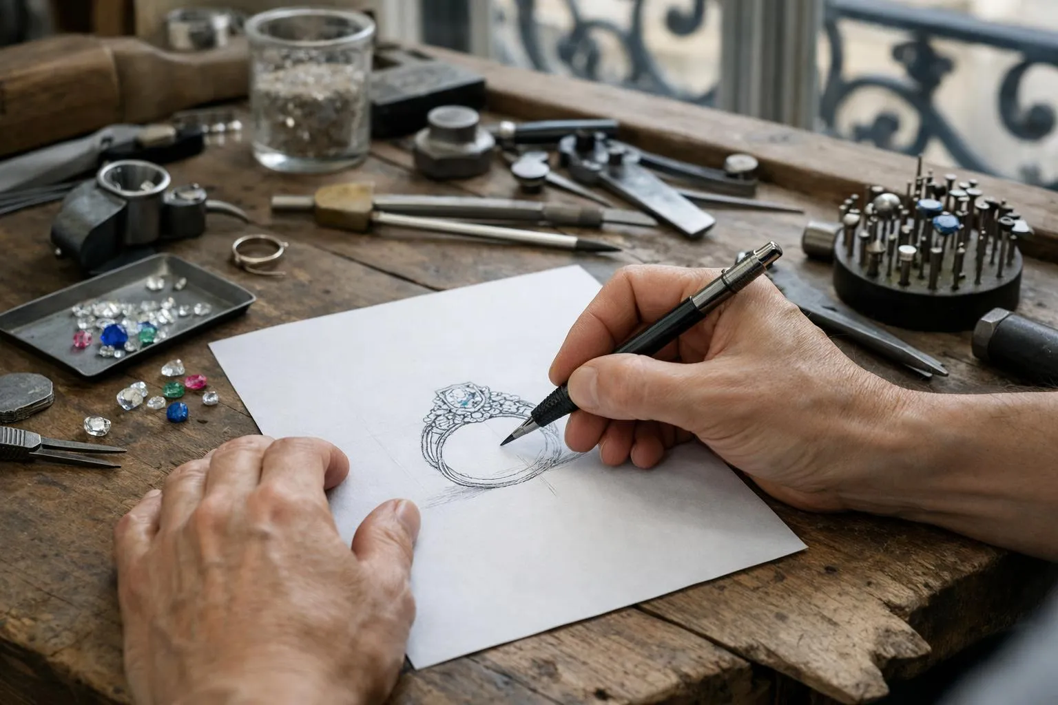 Gros plan des mains d'un bijoutier expérimenté esquissant un design de bague sur un papier translucide dans un atelier parisien, avec des pierres précieuses, des outils de mesure et des pièces de joaillerie à moitié terminées visibles sur l'établi, la lumière